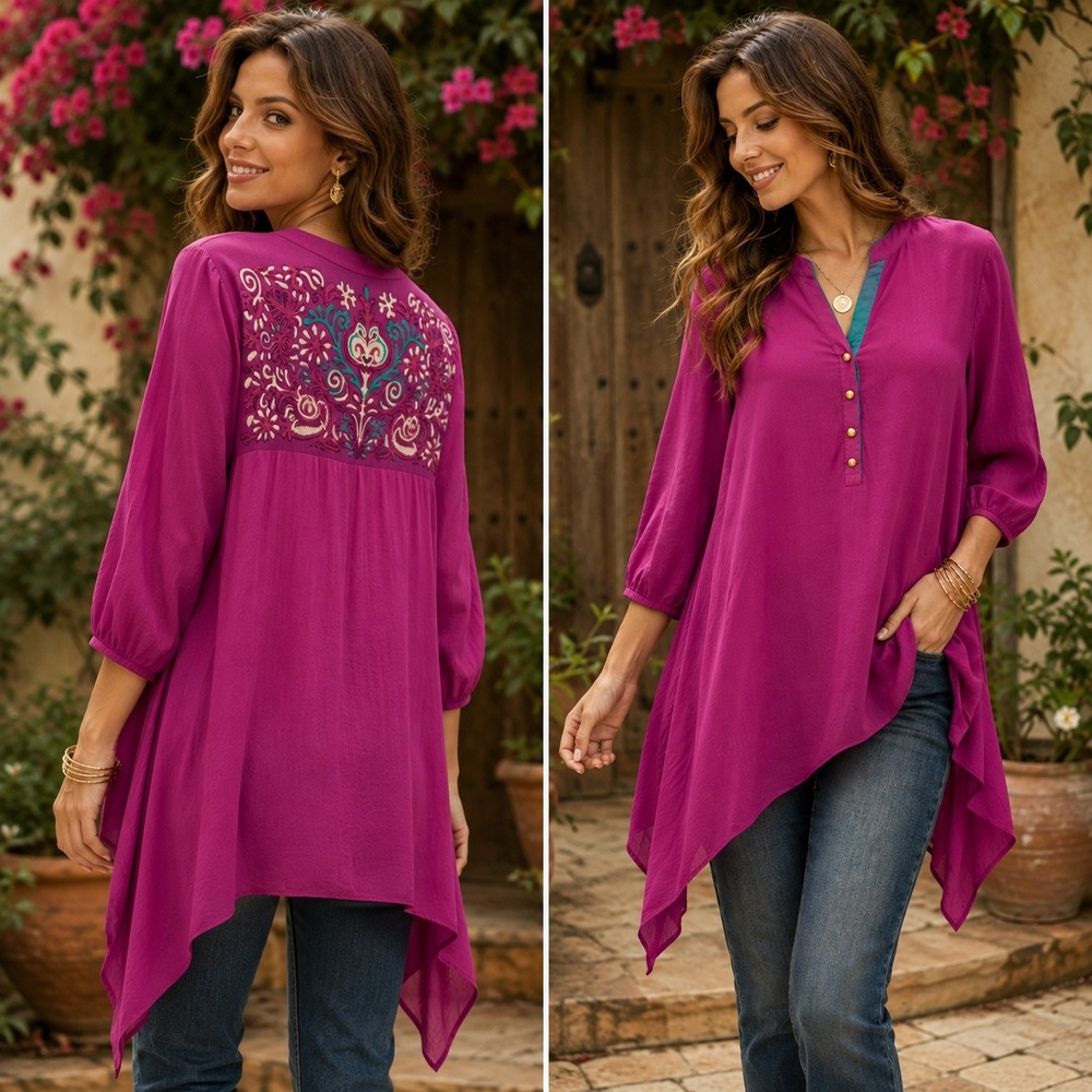 Limelight Magenta Embroidered Handkerchief Hem Tunic Top Large Pink Teal Gold - Picture 10 of 10